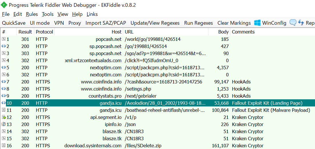 Fiddler traffic showing redirects