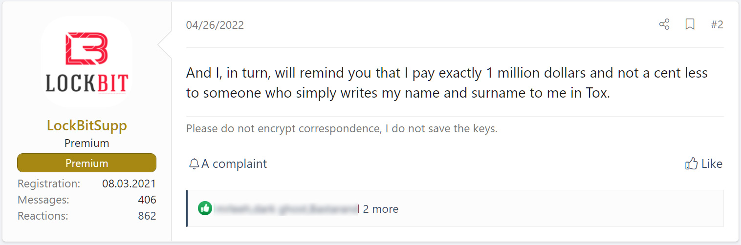 LockBitSupp offering a $1 million bounty to anyone who identifies them