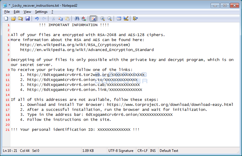 Locky Text Ransom Note