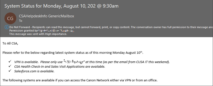 Canon email about the restoration of services