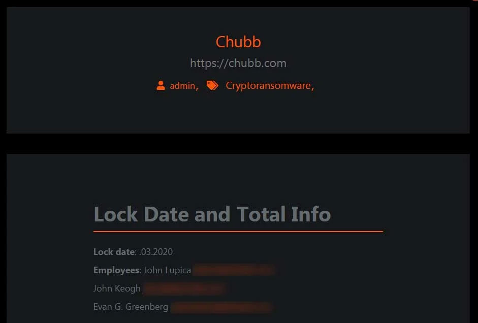 Chubb info on Maze data leak site