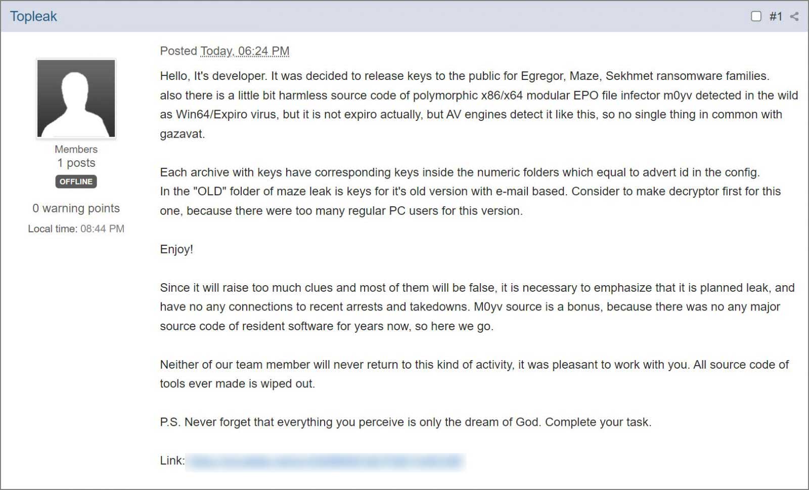 Forum post leaking Maze, Egregor, and Sekhmet decryption keys