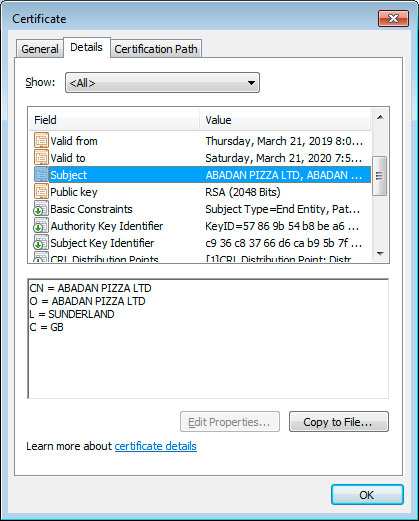 Certificado utilizado para firmar ransomware
