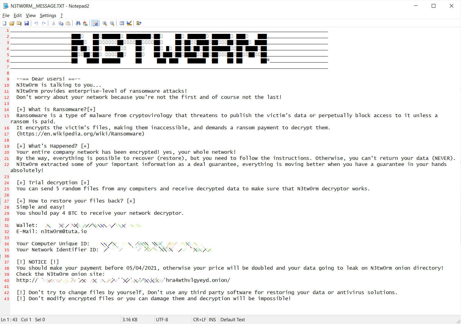 N3TW0RM ransom note