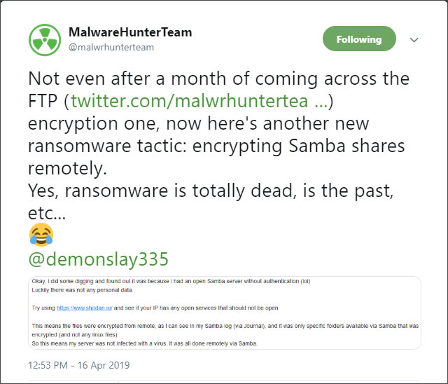 Tweet from MalwareHunterTeam