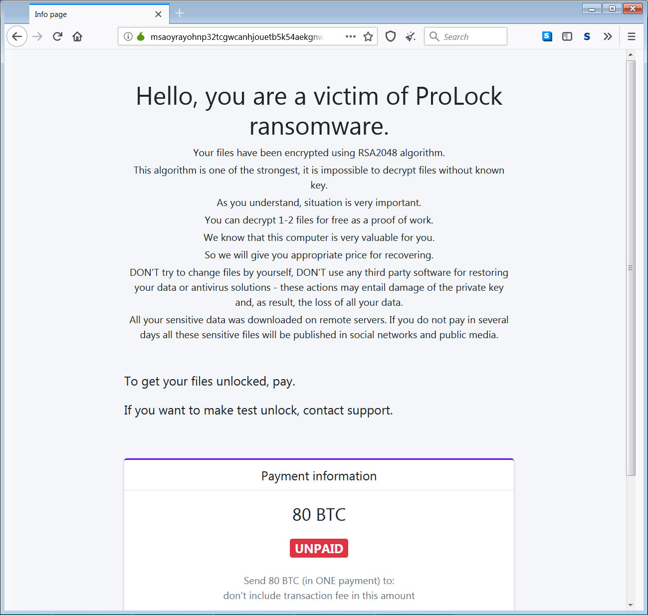 ProLock Ransomware Tor Payment Site