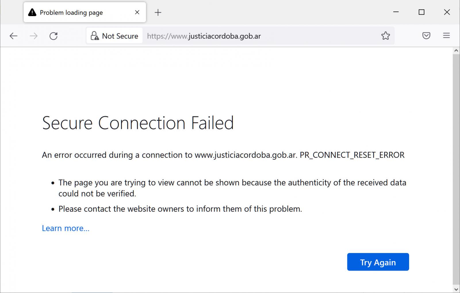 Justicia Córdoba's website is suffering an outage