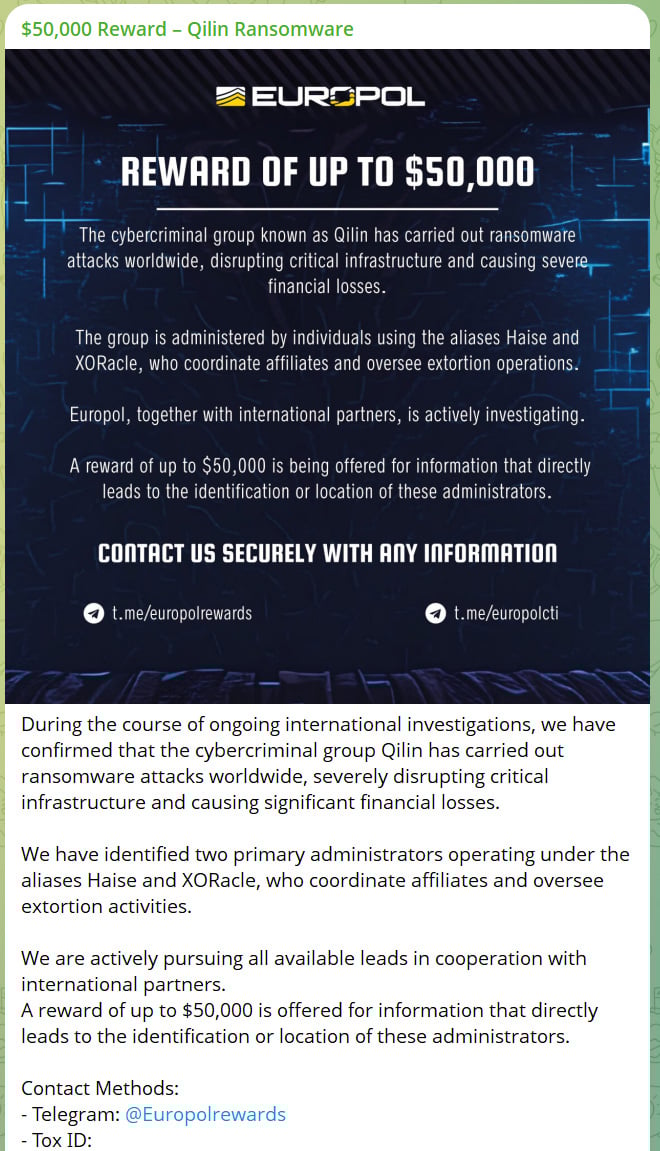 Fake Europol CTI post offering Qilin ransomware bounty