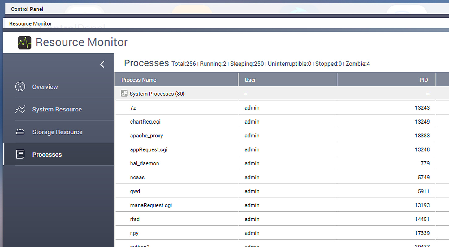 7zip visto em execução no Monitor de Recursos QNAP