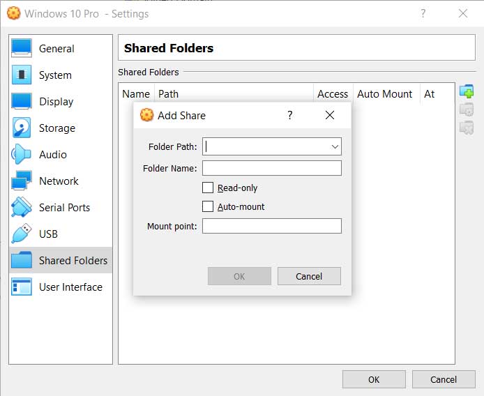 Shared folder interface of VirtualBox