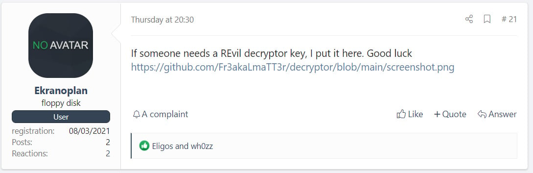 Forum post about Kaseya decryptor on a hacking forum