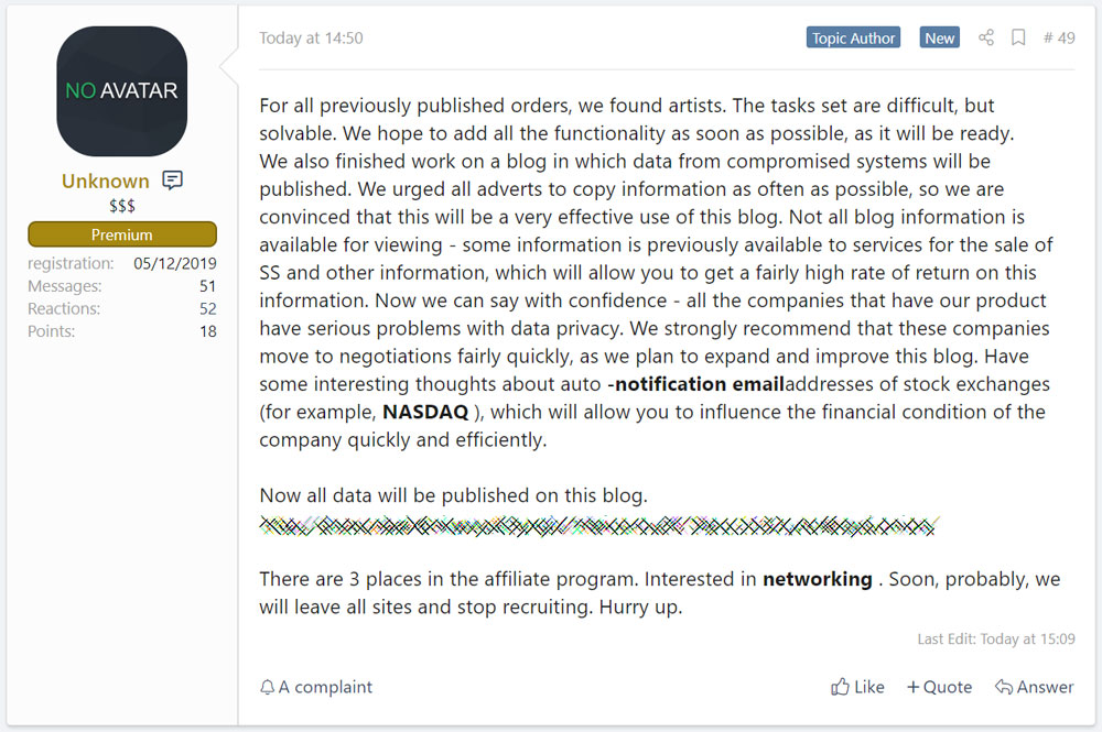 Sodinokibi plans for their data leak site