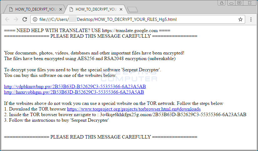 Serpent Ransomware Help & Support Topic (.Serpent & HOW_TO_DECRYPT_YOUR_FILES_) - Ransomware Help & Tech Support - 웹
