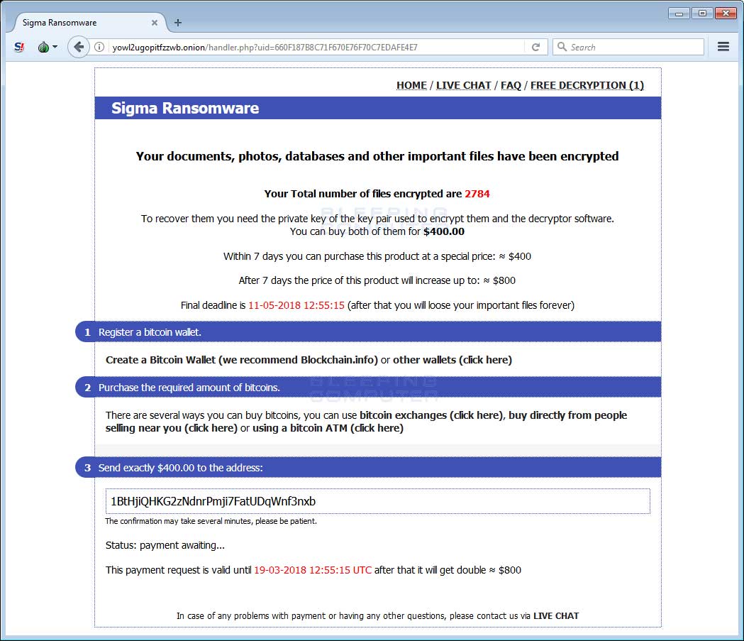Sigma Ransomware TOR Payment Portal
