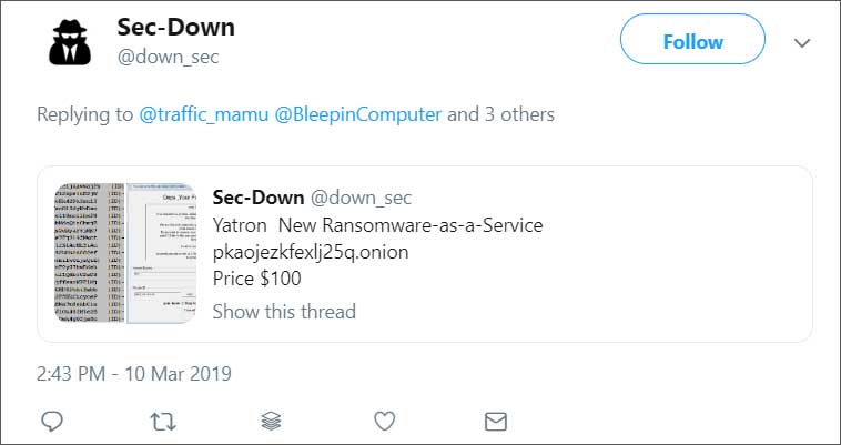 Tweet from Ransomware Developer