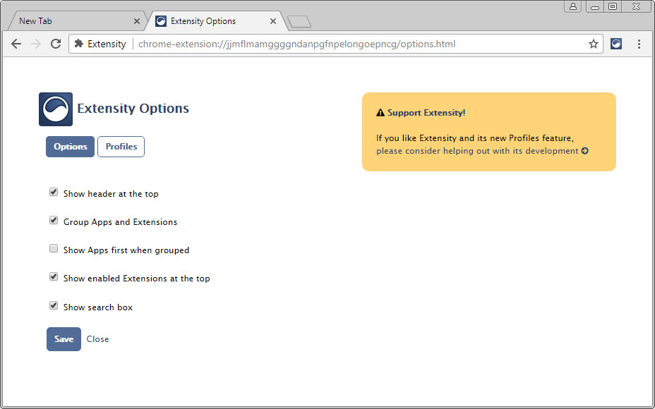 Extensity Options Page