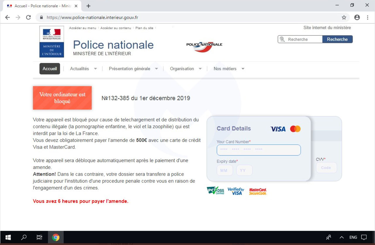 Fake Windows 10 Desktop shown by French browser locker