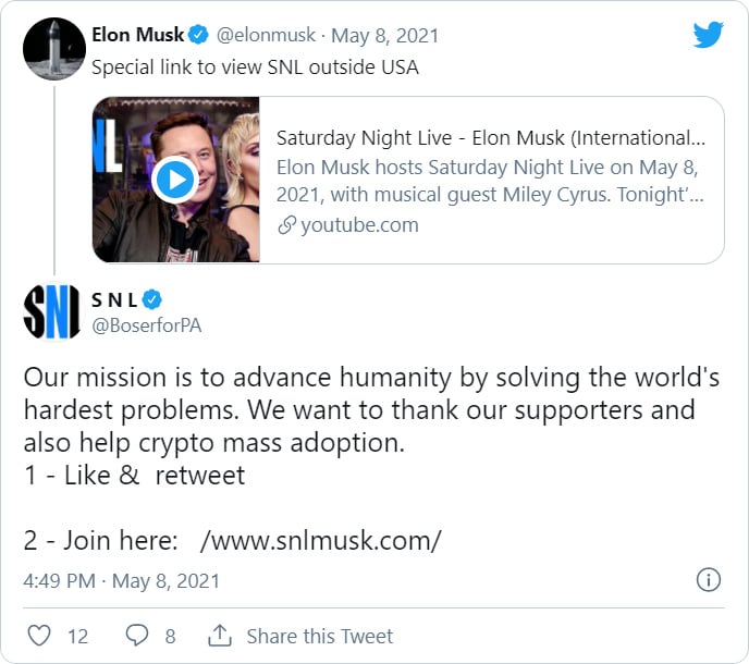 A tweet promoting a fake Elon Musk giveaway