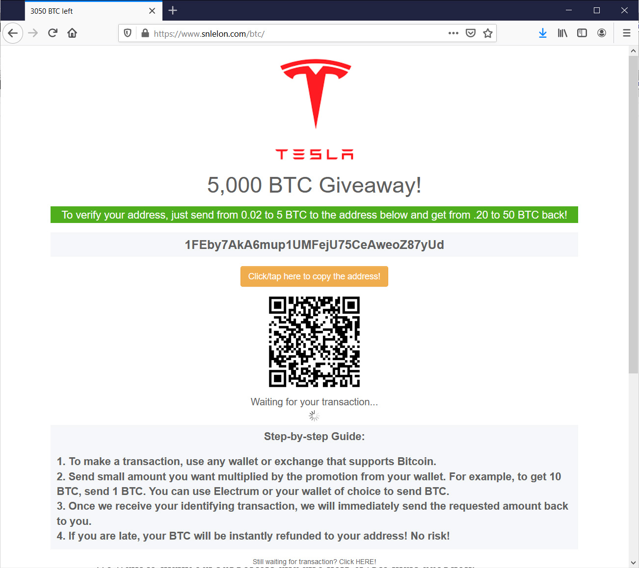 Fake Tesla Bitcoin giveaway page