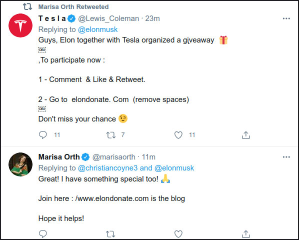 A tweet promoting a fake Elon Musk giveaway