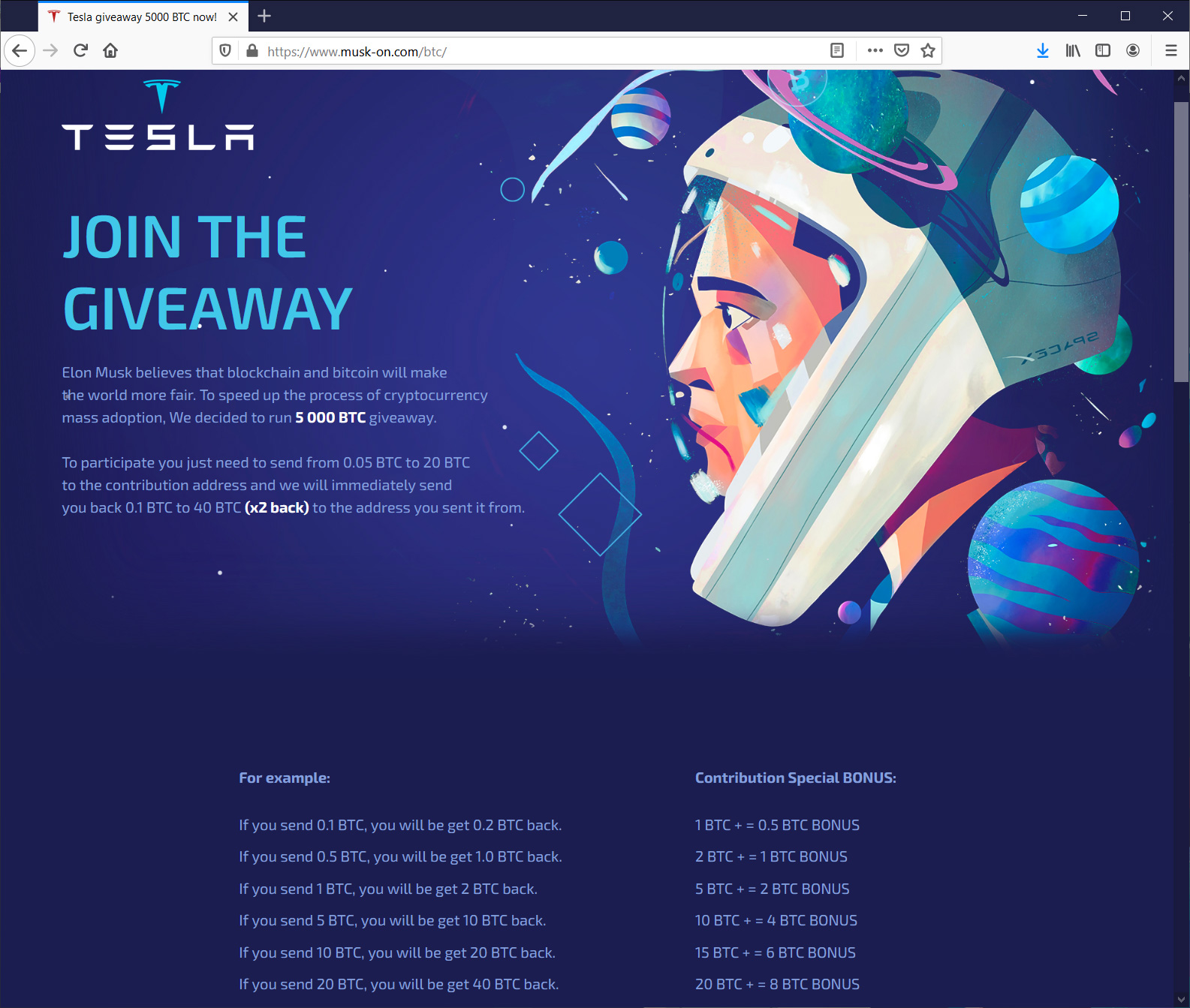 Fake Tesla cryptocurrency giveaway site