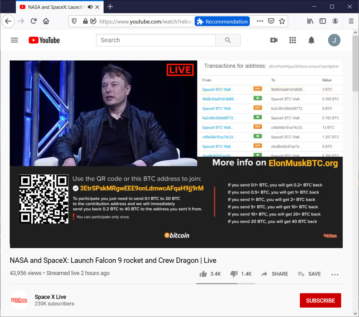 偽のSpaceX YouTubeチャンネル