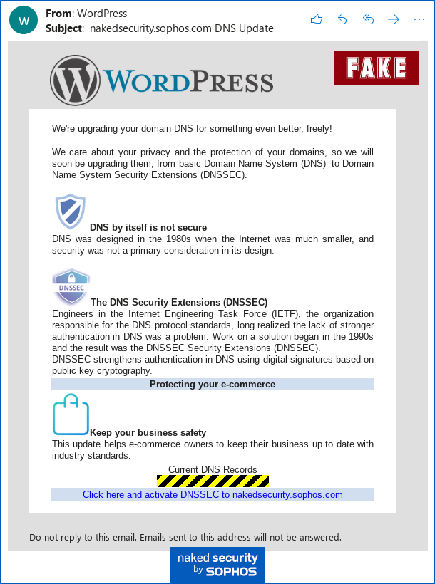 Phishing email sent to website owners