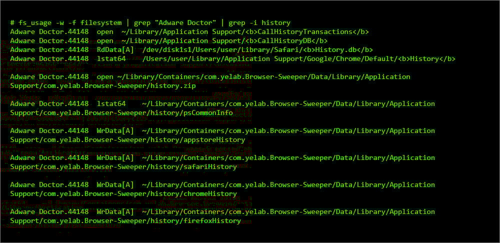 Commands executed by Adware Doctor to gather information