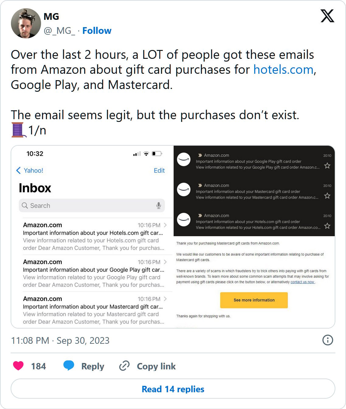 sends Mastercard, Google Play gift card order emails by mistake