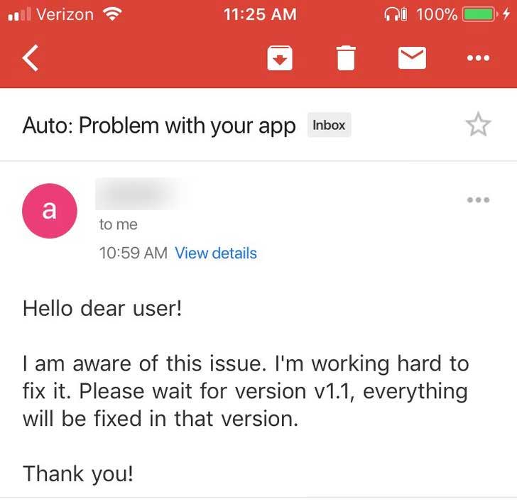 Automated response from developer