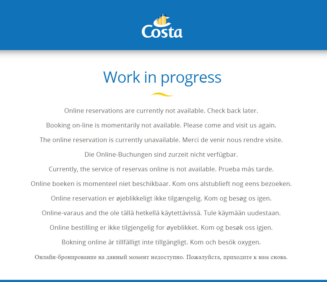  Costa Crociere online reservations outage