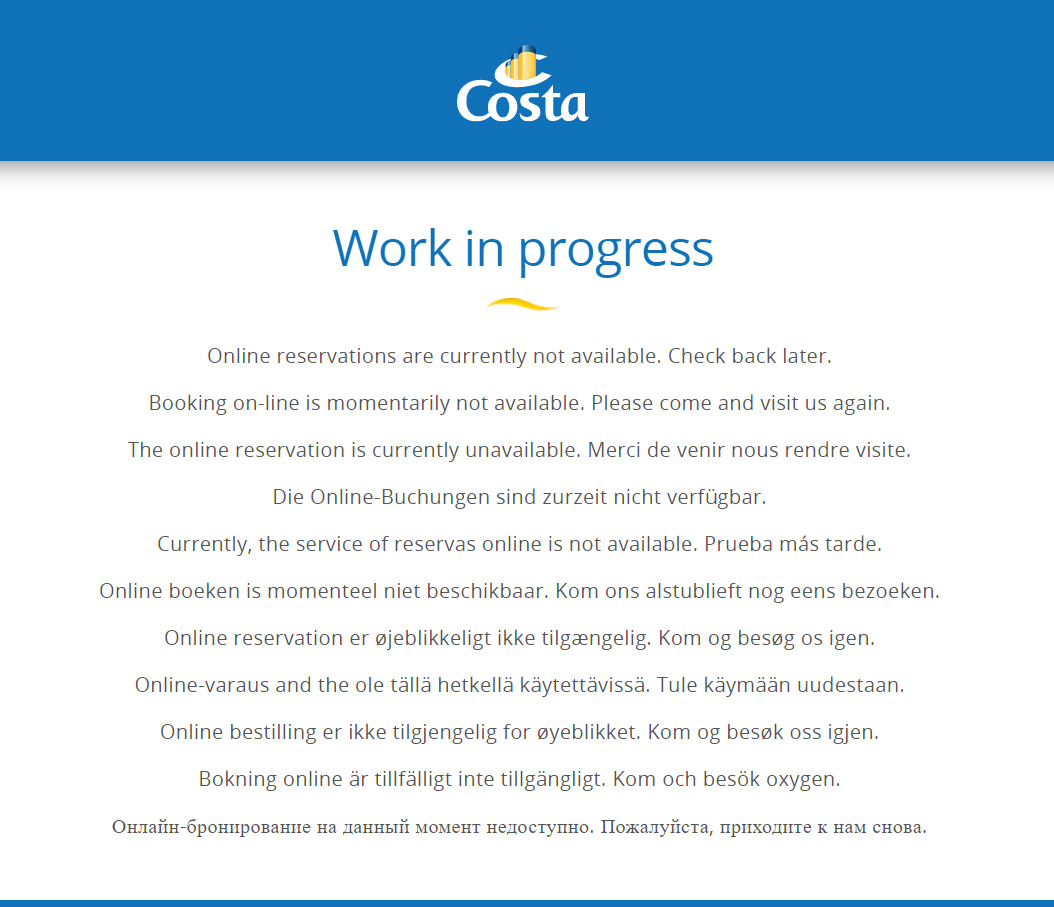  Costa Crociere online reservations outage