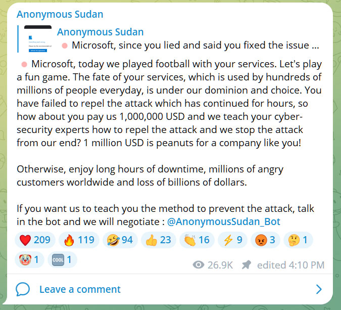 Anonymous Sudan threatening Microsoft with more DDoS attacks