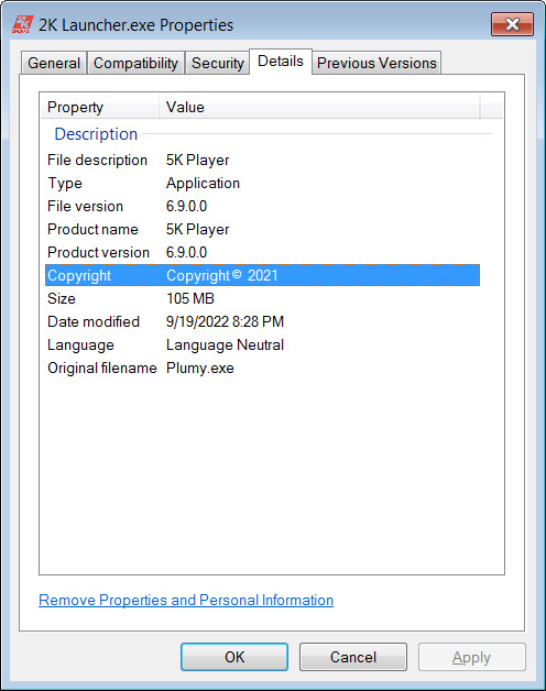 File properties for 2K Launcher.exe malware