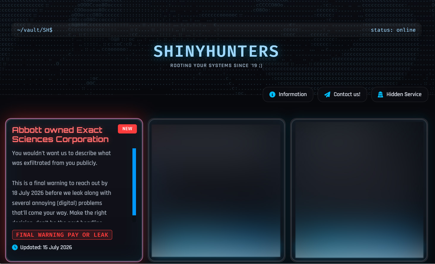 Abbott's Exact Sciences is listed on ShinyHunters extortion site