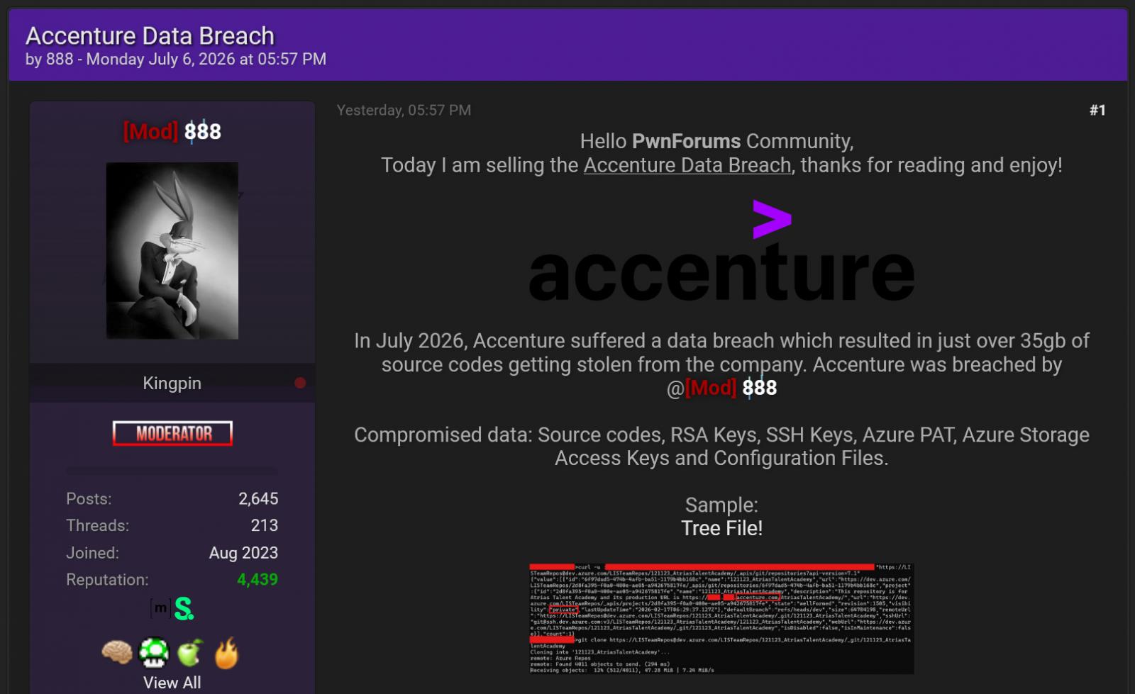 Forum post attempting to sell stolen Accenture data
