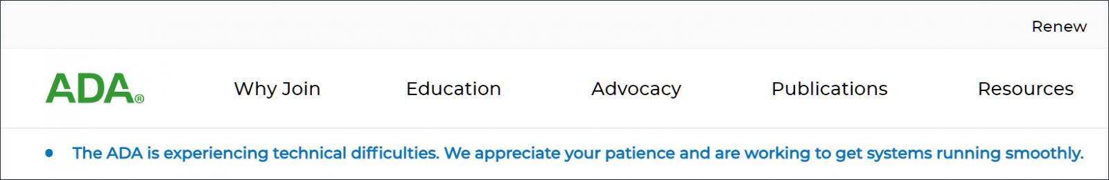 Outage message on ADA.org