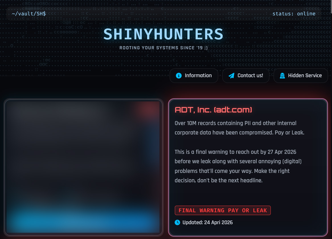 ADT listing on the ShinyHunters data leak site