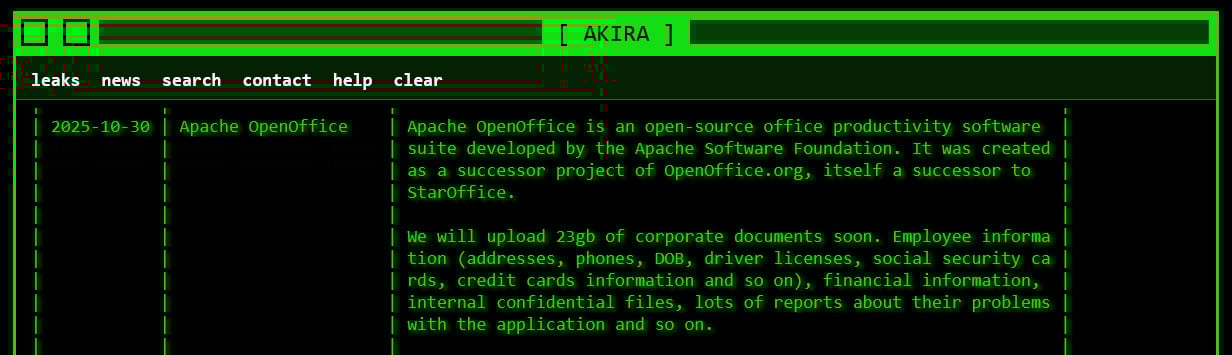 Apache OpenOffice disputes data breach claims by ransomware gang 3 Apache OpenOffice entry on Akira's data leak site