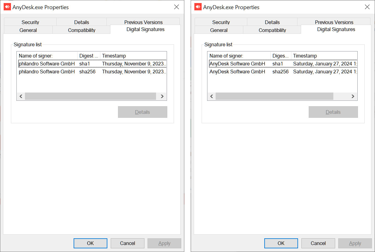 Signed AnyDesk 8.0.6 (left) vs AnyDesk 8.0.8 (right)