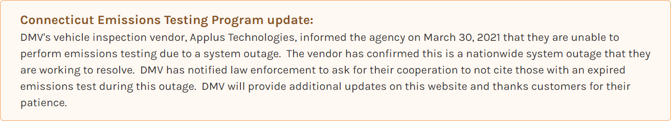 Outage notice on the Connecticut Department of Motor Vehicles website