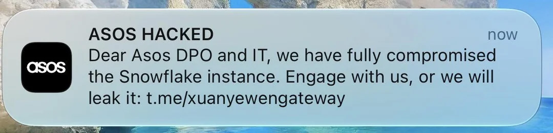 "ASOS HACKED" notification sent via the official ASOS mobile app