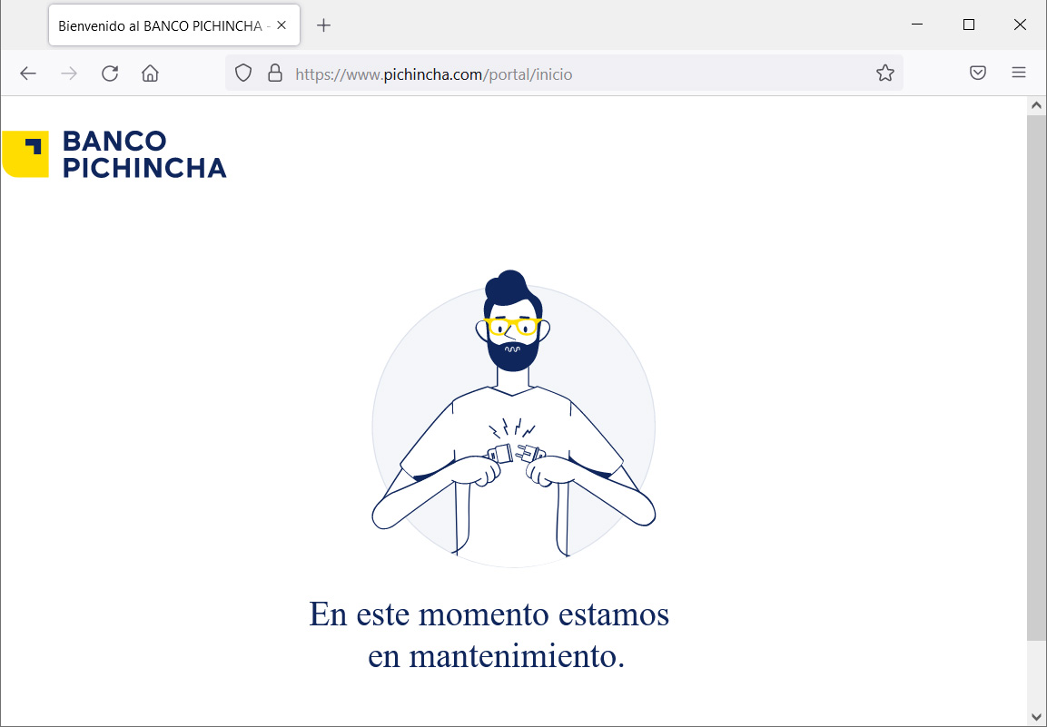 Banco Pichincha website showing a maintenance message