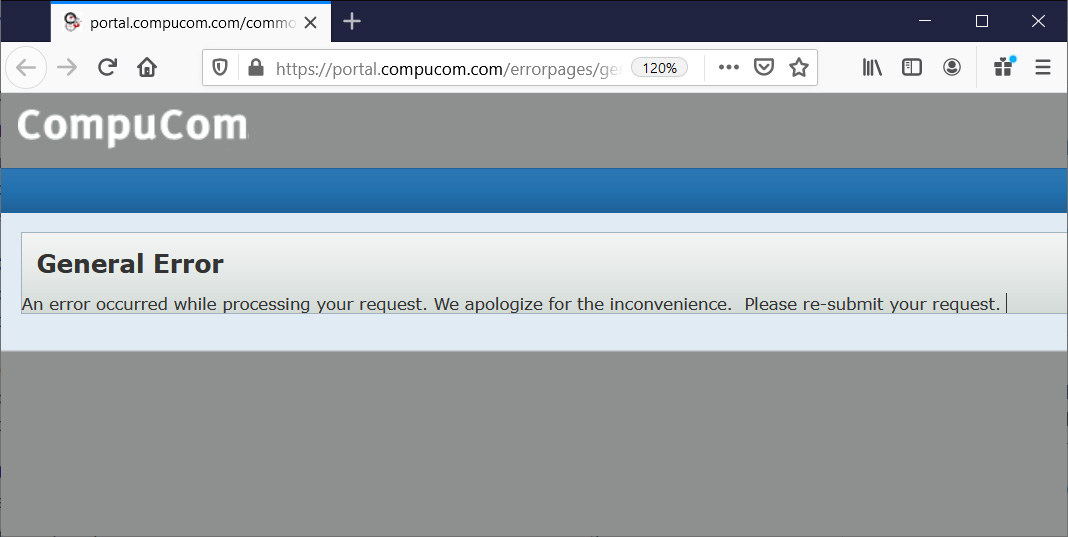 Error message on CompuCom client portal