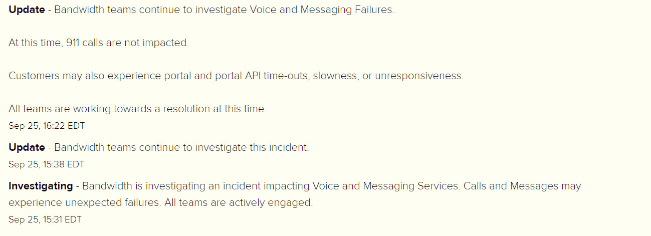 Beginning of the outage messages reported by Bandwidth.com