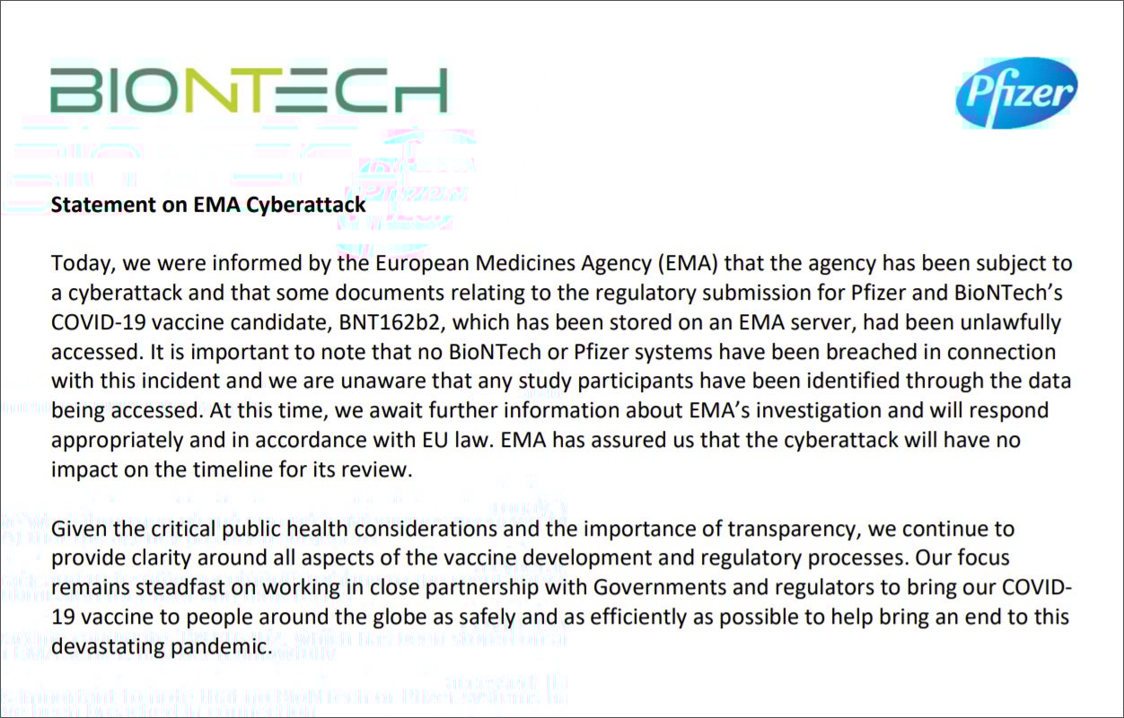 Declaración conjunta de Pfizer y BioNTech sobre ciberataque