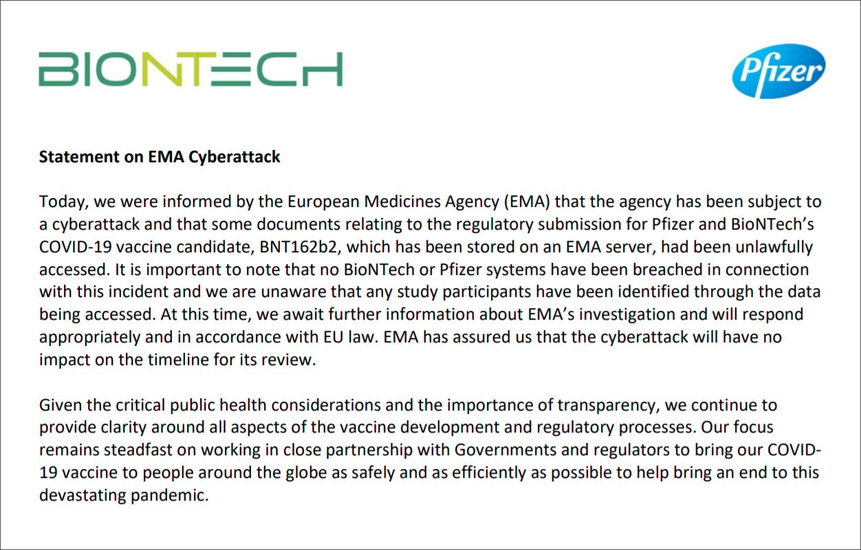 Join statement from Pfizer and BioNTech about cyberattack