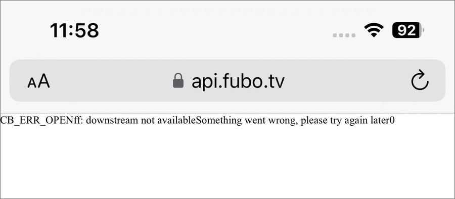 Error message displayed on FuboTV when trying to connect