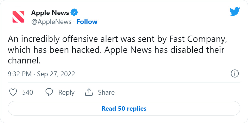 Apple News tweet about Fast Company